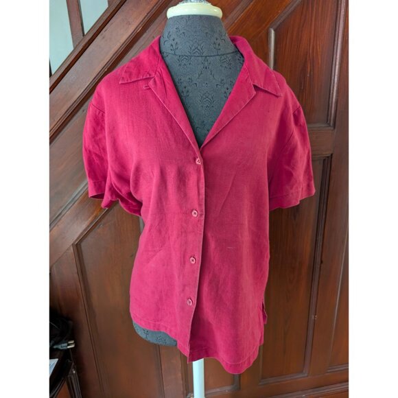 Josephine Chaus Sport Womens Red Linen Button-Up Short Sleeve Shirt L - Picture 1 of 8